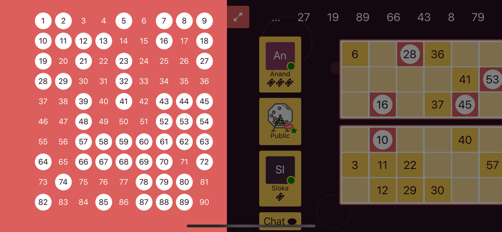 Online Tambola - Paperless - Gameplay screen of Online Tambola showing the numbers board and player tickets