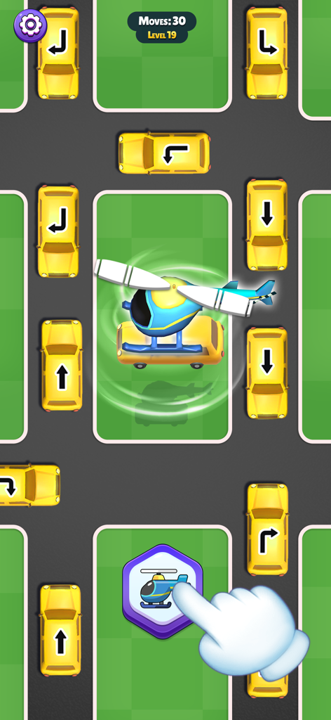 Unblock Cars: Traffic Control - Gameplay of Unblock Cars showing a traffic jam puzzle with a helicopter power up
