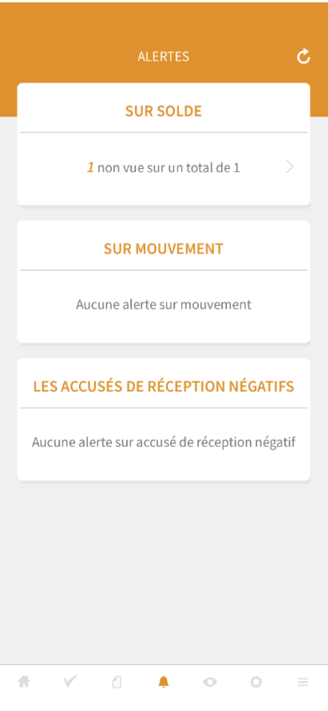 Tableau de bord des alertes dans l'application BNI CashNet affichant les notifications de solde et de mouvement