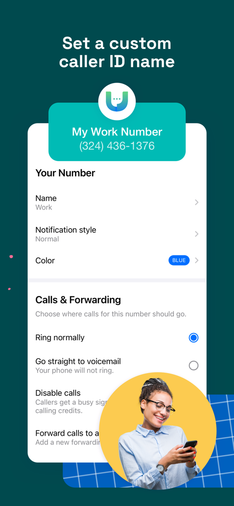 Second Texting Number:Unlisted - Interface of the Unlisted app showing custom caller ID name and call forwarding settings for a secondary work number.