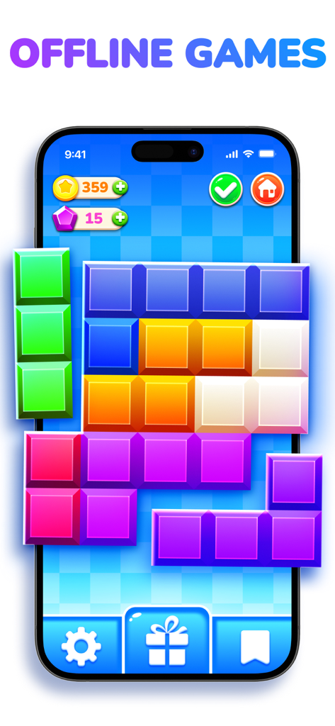 Swipe Games for Kids & Teens - Ein buntes Blockpuzzle-Minispiel aus der Swipe Games App mit leuchtenden Blöcken und einem Offline-Modus-Titel