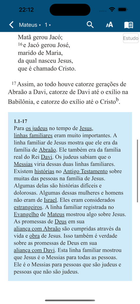 NVI Português Bible - Interfaz de la aplicación Biblia NVI Português mostrando texto bíblico y una sección de estudio en portugués