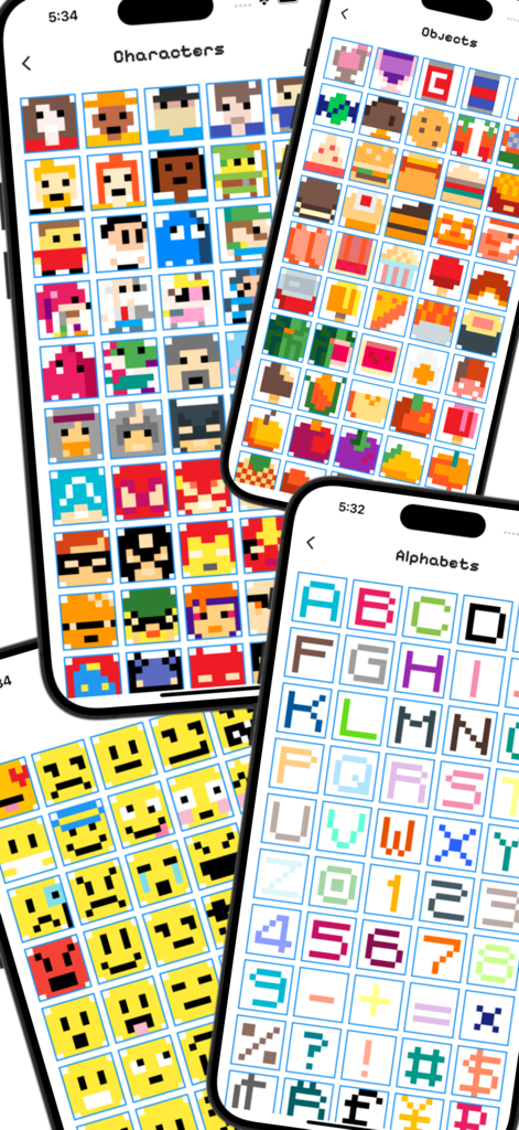 Block Art Color PixelArt Photo - Smartphone screens showing pixel art categories for characters objects and letters