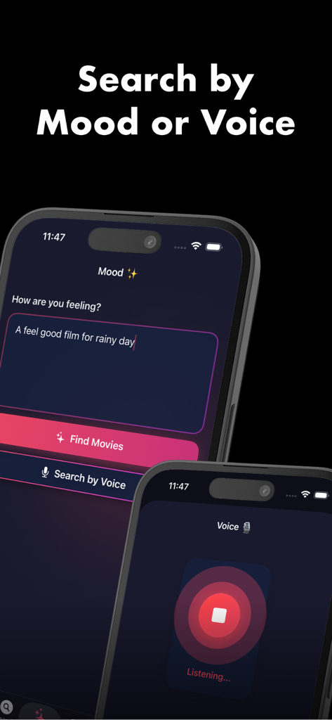 MovieBox - Movies box AI - MovieBox AI app interface showing movie search options by mood description and voice command