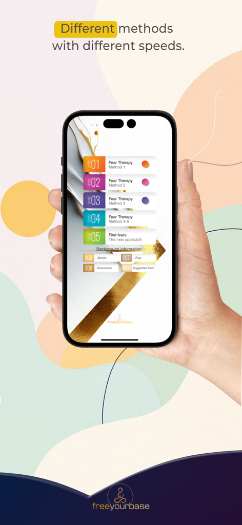 Fear Therapy - Hand holding a smartphone displaying the Fear Therapy app menu with various treatment methods and speed options