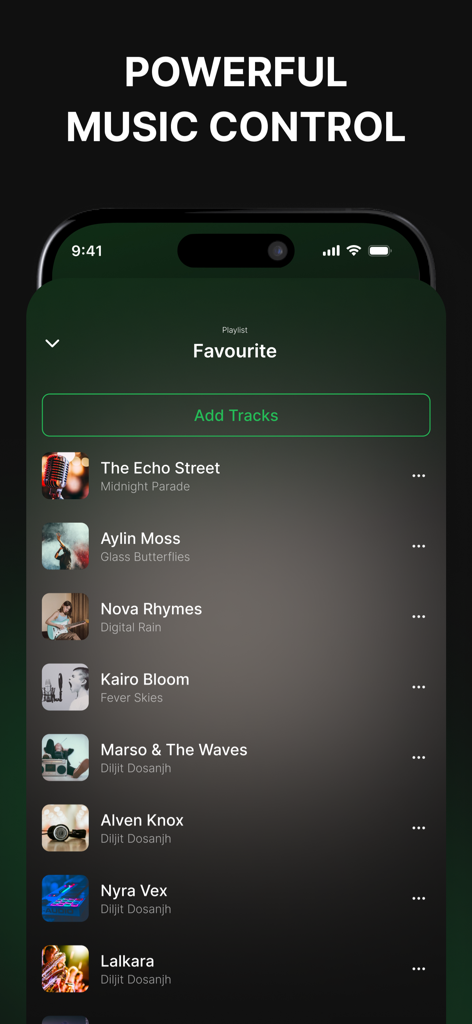 Offline Music Player‧ - Una captura de pantalla de la aplicación Reproductor de Música Offline mostrando una lista de reproducción de favoritos con varias pistas de audio en un iPhone.