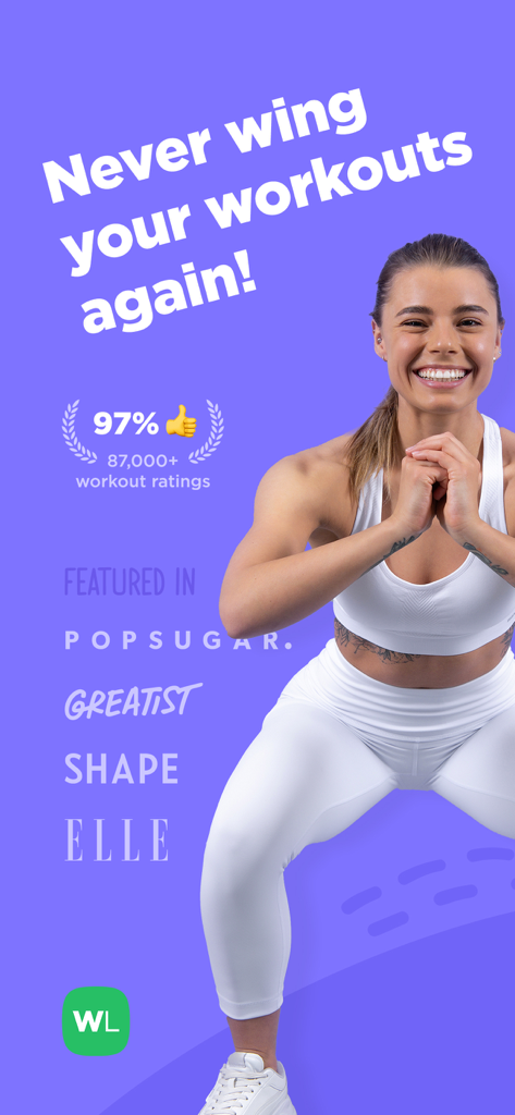 Una mujer sonriente con ropa deportiva blanca realizando una sentadilla con el texto Nunca más improvises tus entrenamientos y sellos de aprobación de medios como Elle y Shape