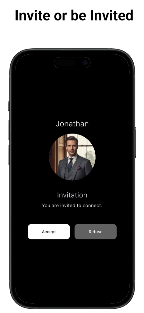 Near: P2P Social Network - Pantalla de aplicación móvil que muestra una invitación de conexión basada en proximidad de Jonathan con botones de aceptar y rechazar.