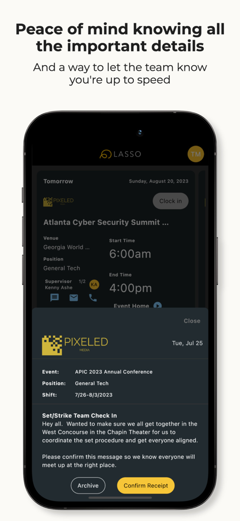 LASSO Mobile app interface displaying event details and a crew check in message with a confirmation button in dark mode