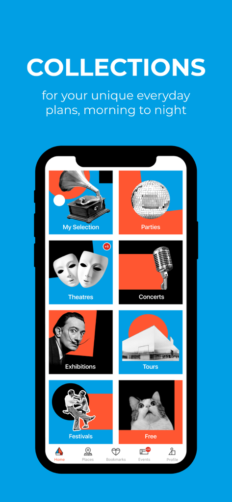 Kaver app screen showing event collections with categories for parties, theatres, concerts, and exhibitions.