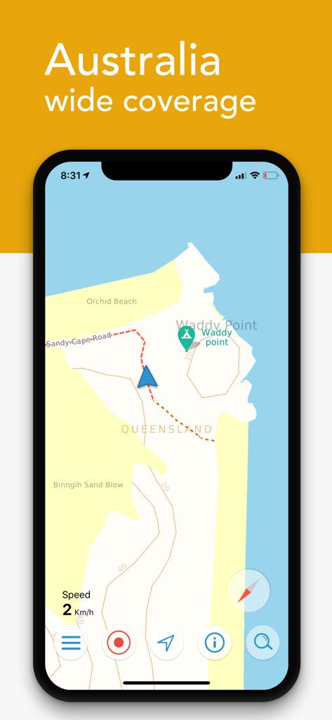 Billy Goat Offroad - Billy Goat Offroad app interface showing an Australian topographic map with 4WD tracks and campsite locations