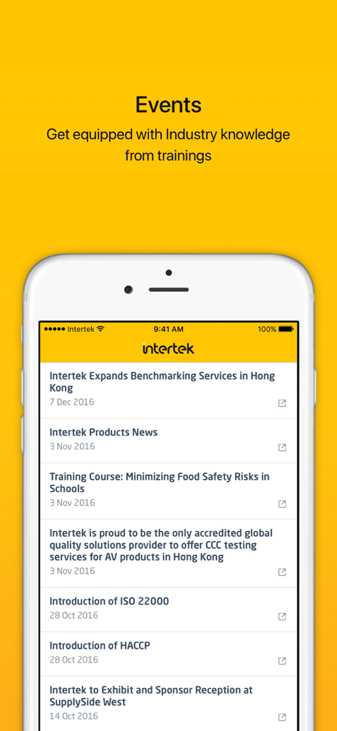 Intertek - Job Tracker - Interface do aplicativo Intertek Job Tracker exibindo uma lista de notícias da indústria e eventos de treinamento profissional.