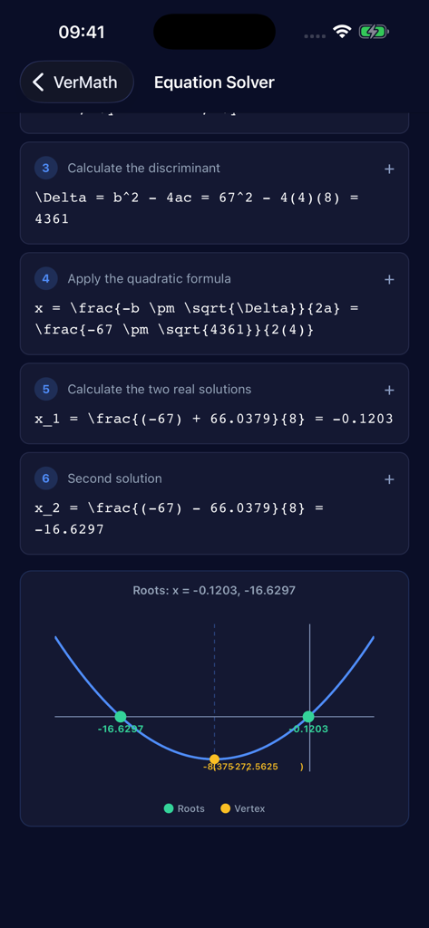 Step by step quadratic equation solution with a graph in VerMath app
