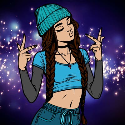 realistic teenage girl with braids and a beanie and crop top doing 🫶🏼
