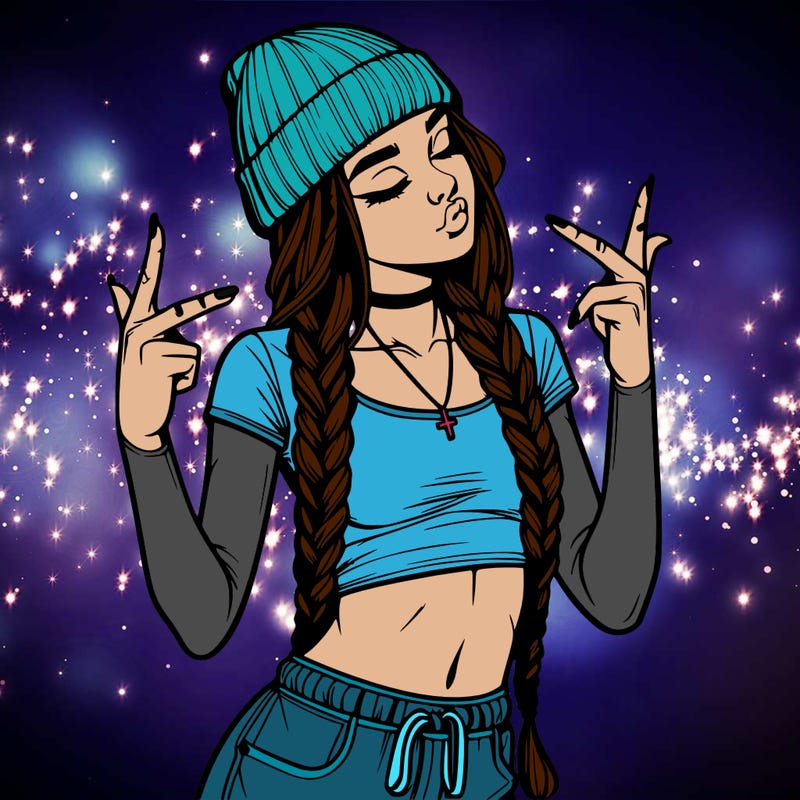 realistic teenage girl with braids and a beanie and crop top doing 🫶🏼