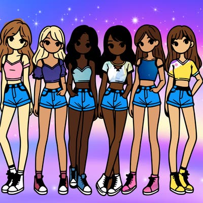 a group of girls wearing crop tops and shorts