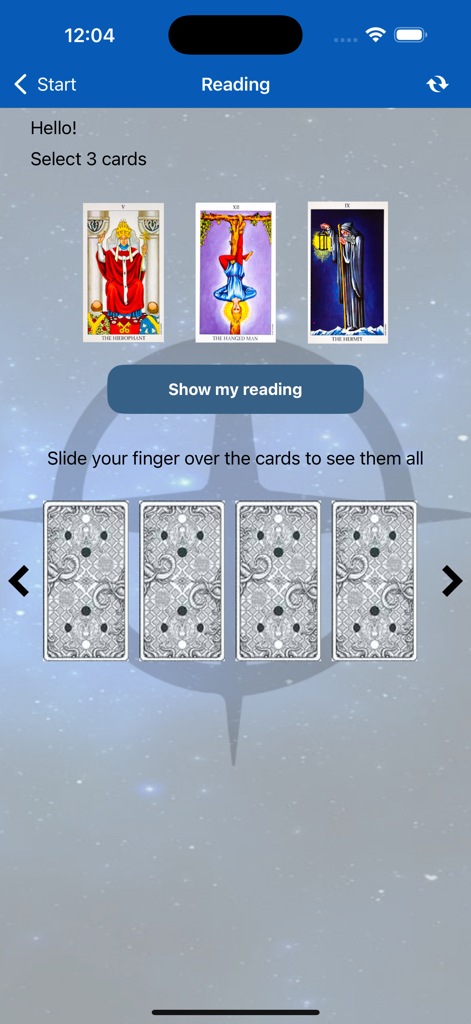 교황, 매달린 남자, 은둔자 카드가 공개된 3장의 카드 펼침을 보여주는 일일 타로 앱의 인터페이스