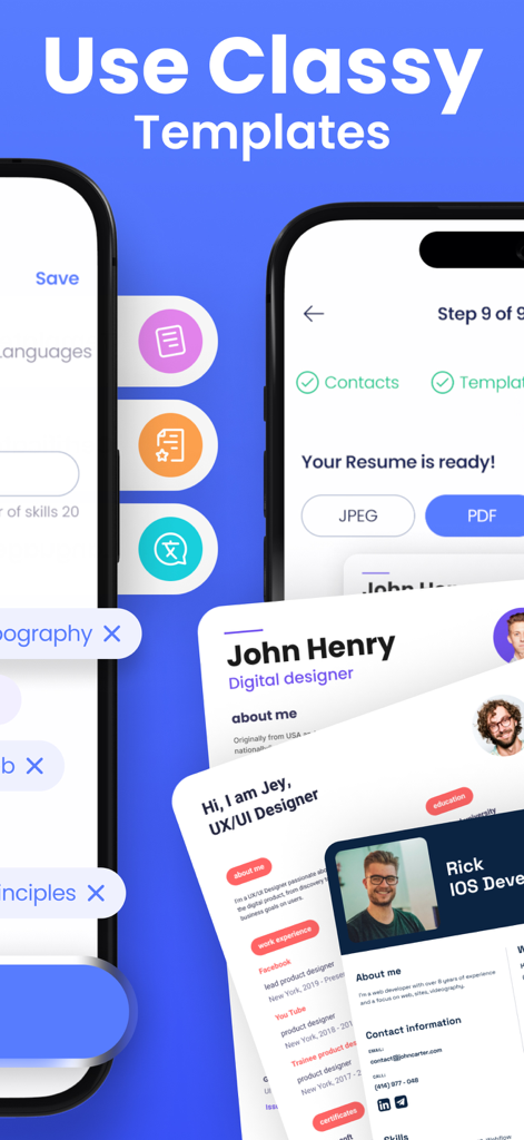 PDF CV Builder: Resume Maker - PDF CV Builderモバイルアプリインターフェースのプロフェッショナルな履歴書テンプレート