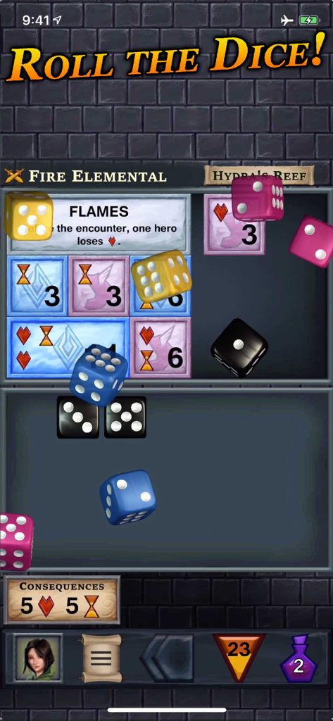 Gameplay screen of One Deck Dungeon showing dice rolling during an encounter with a Fire Elemental