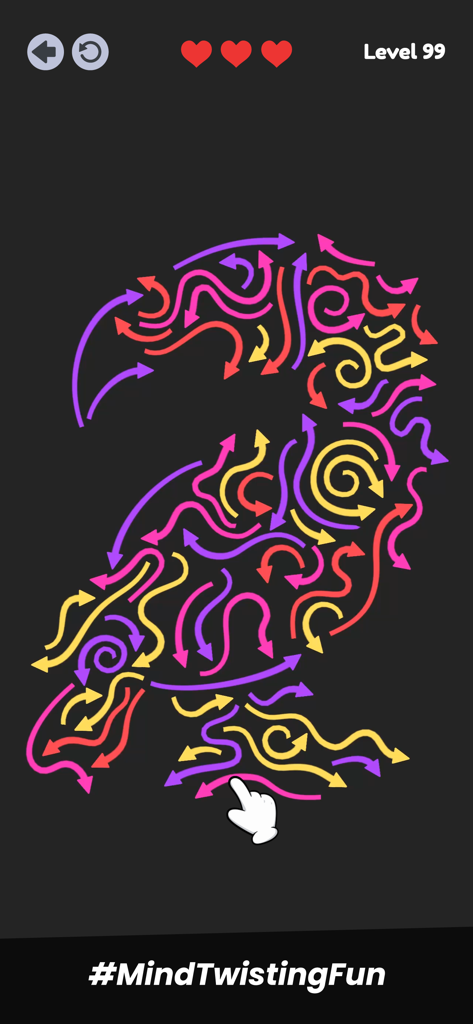 Arrow Flow: Tap Out Puzzle - Captura de pantalla del juego móvil Arrow Flow mostrando flechas de neón en forma de pájaro en el nivel 99.