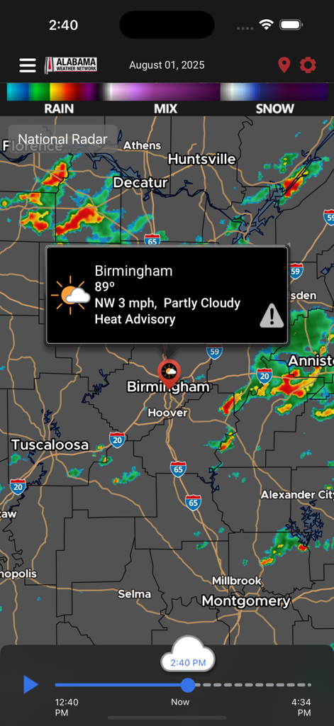 Alabama Weather Network app showing a live radar map and heat advisory for Birmingham