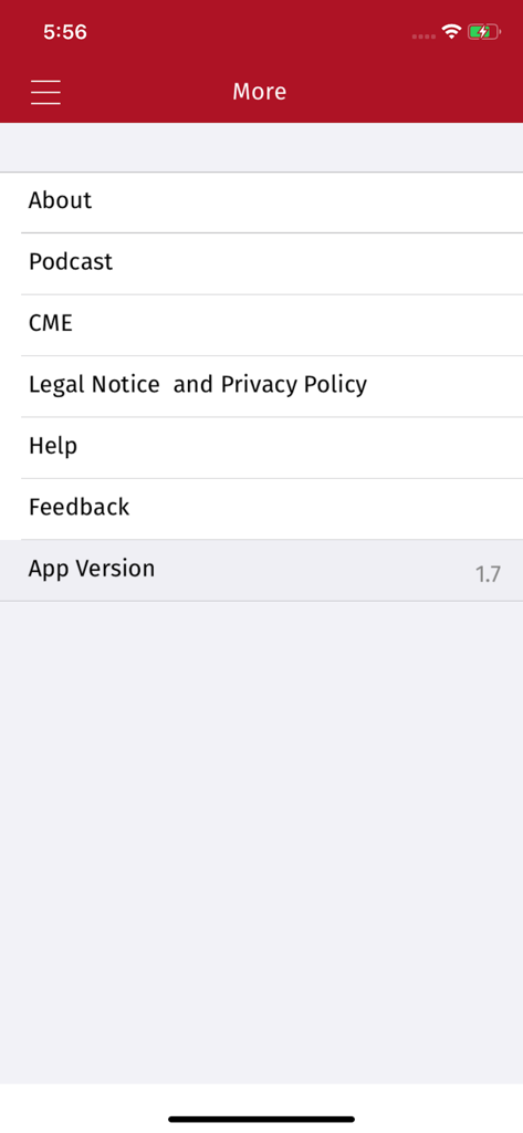 A screen from the ESC Journals app showing the More menu with links to Podcast, CME, and app information.