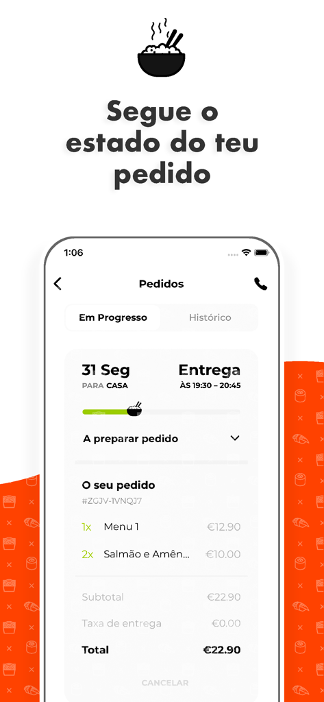 Mikado Sushi - 실시간 주문 추적 및 배달 상태를 보여주는 미카도 스시 앱 인터페이스