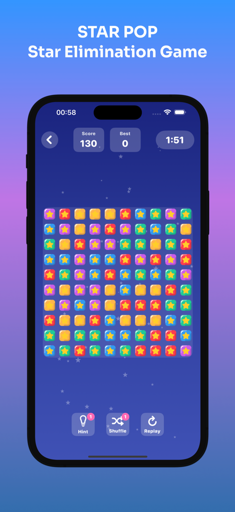 A mobile phone screen showing the Star Pop star elimination puzzle game from the Game Box app