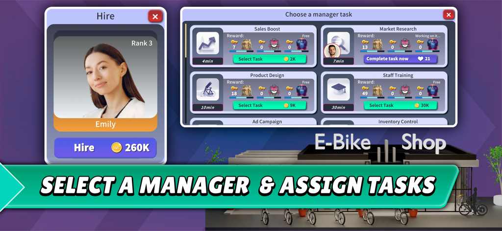 E-Bike Racing Tycoon Simulator - Interface showing the process of hiring a manager and assigning business tasks like sales boost and product design in E-Bike Racing Tycoon Simulator