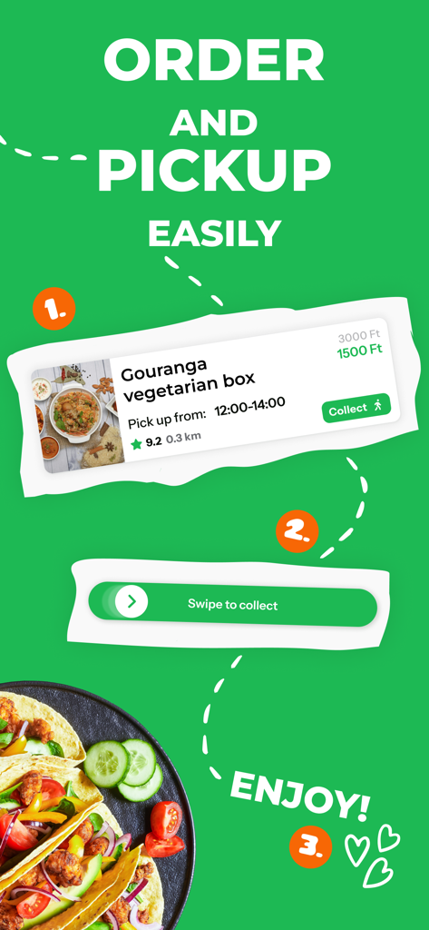 Munch: Save tasty food! - Una captura de pantalla de la aplicación móvil que muestra tres pasos para pedir cajas de comida con descuento: desliza para recoger y disfrutar de las comidas