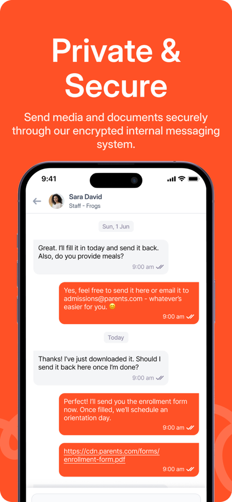 Private and secure messaging interface in the Parent app for childcare center staff and parent communication.
