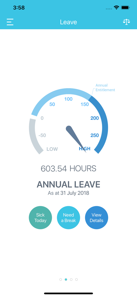 Datacom MyPay app screen displaying annual leave balance with a gauge indicator and buttons for sick leave and details