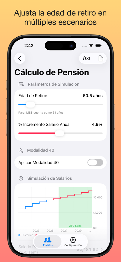 Interfaz de la app MiPension MX mostrando la configuración de la edad de jubilación y un gráfico de simulación de salario para la planificación de la pensión IMSS