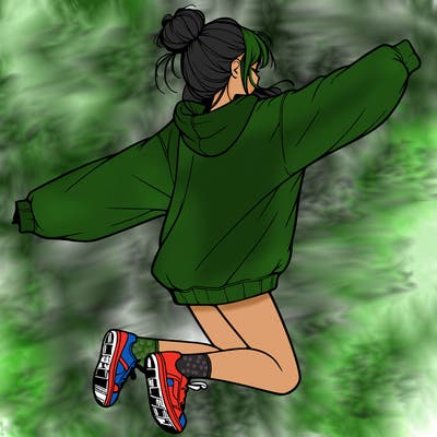 realistic girl jumping with a bun and oversized sweatshirt