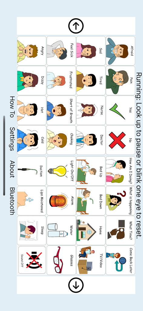 Interface of the Eye Gaze Communication Board app featuring a grid of icons for expressing medical needs and emotions