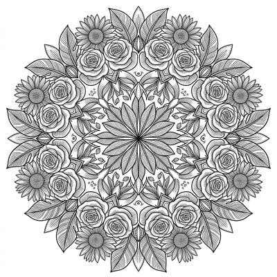 Discover a stunning botanical mandala coloring page, meticulously designed with roses, sunflowers, and leaves in a classic woodcut and engraving style. This intricate circular pattern offers a deeply satisfying and artistic coloring experience.