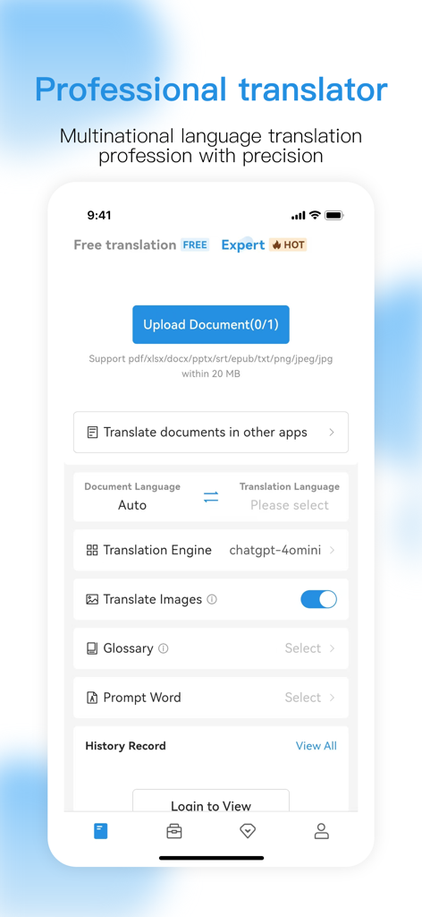 Interface of the Doclingo app showing options for professional document and image translation using AI