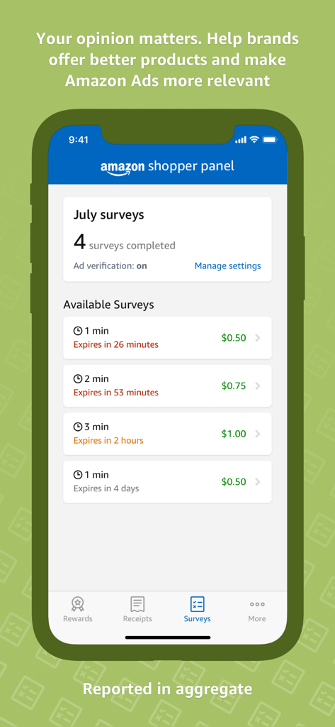 Amazon Shopper Panel - Interfaz de la aplicación Amazon Shopper Panel que muestra las encuestas disponibles y las recompensas monetarias.
