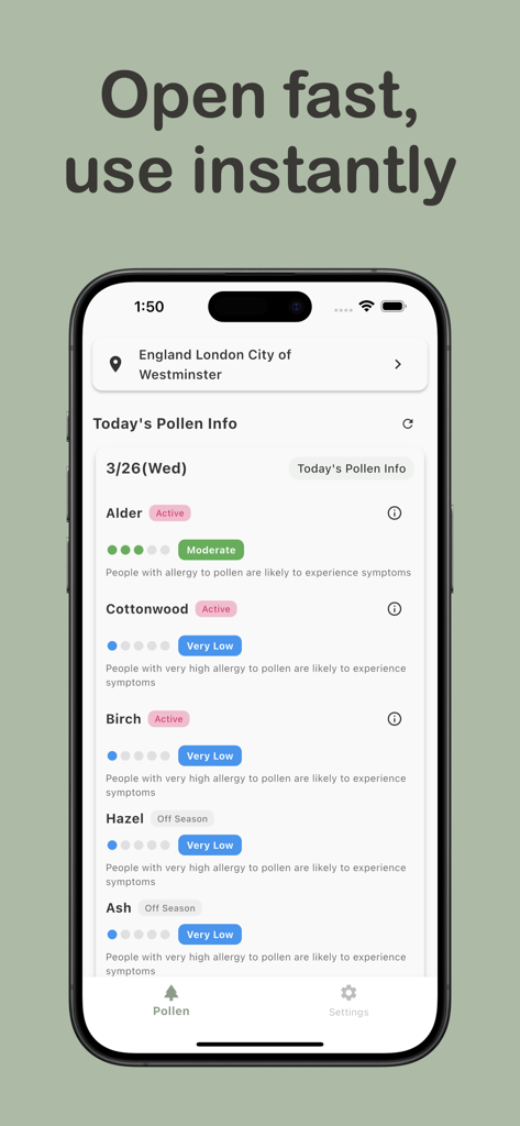 The Pollen Forecast Checker - Interface of The Pollen Forecast Checker app showing today's pollen levels for different plants