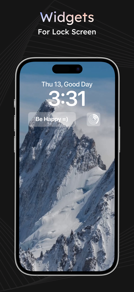 iPhone lock screen featuring custom widgets and a snowy mountain wallpaper