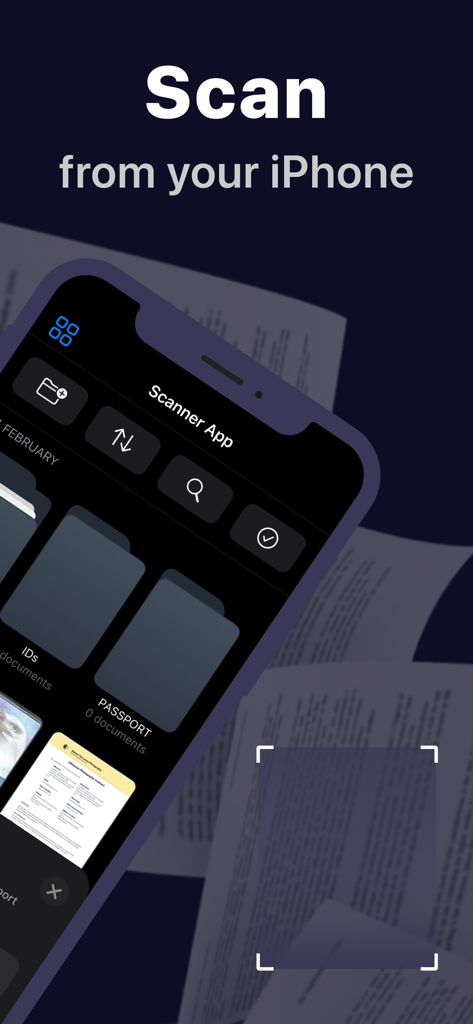Mobile phone interface of the Scanner App showing document folders and scanning capabilities on iPhone