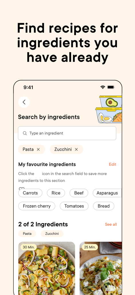 Kitchen Stories Easy Recipes - Kitchen Stories app interface showing a search by ingredients feature to find recipes based on available items like pasta and zucchini
