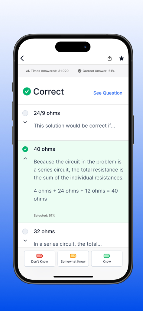 ASVAB Mastery app screen displaying a correct answer explanation for a series circuit electronics question