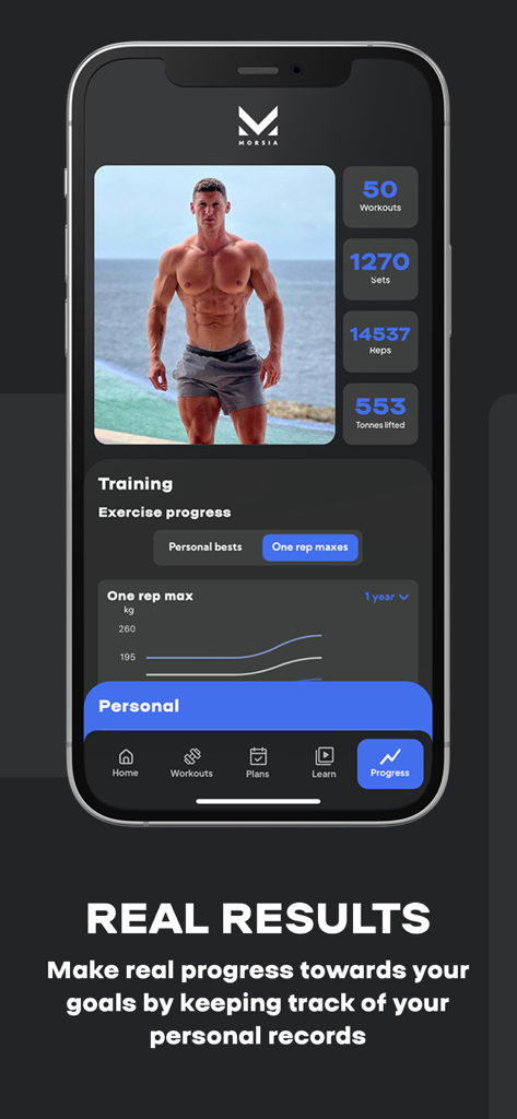 Morsia - Morsia fitness app interface showing personal workout stats and strength progress graphs