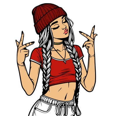 realistic teenage girl with braids and a beanie and crop top doing 🫶🏼