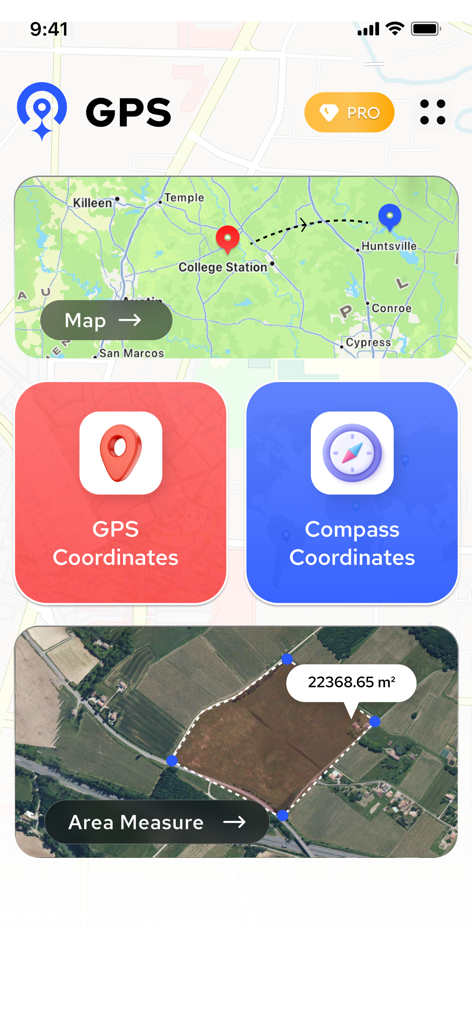 GPS Coordinator Area Measure - Interfaz principal de la aplicación Coordenadas GPS que muestra la brújula de coordenadas GPS y las herramientas de medición de área