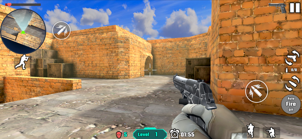 Gun Shoot War：Force Strike - First person shooter view of a player holding a pistol in a classic desert town map