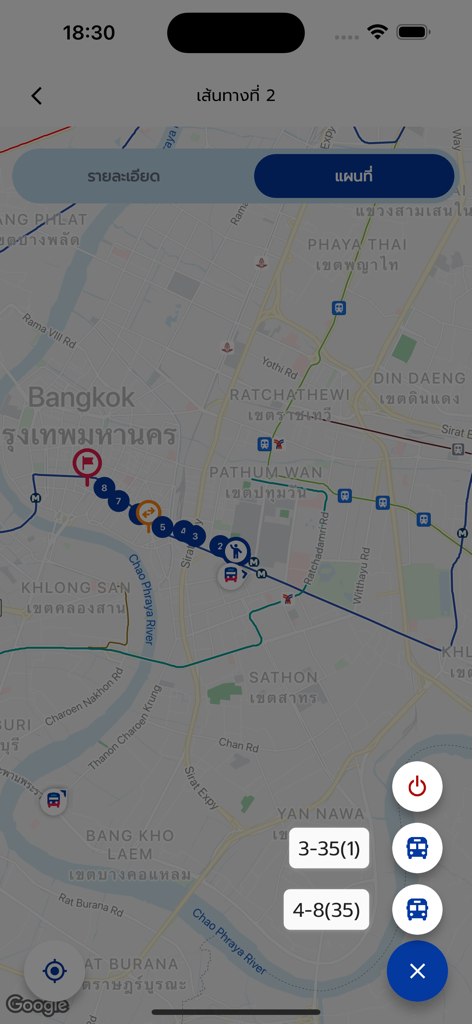 TSB Go Plusアプリで、タイスマイルバスのルートと車両の位置を表示するリアルタイムナビゲーションマップ。