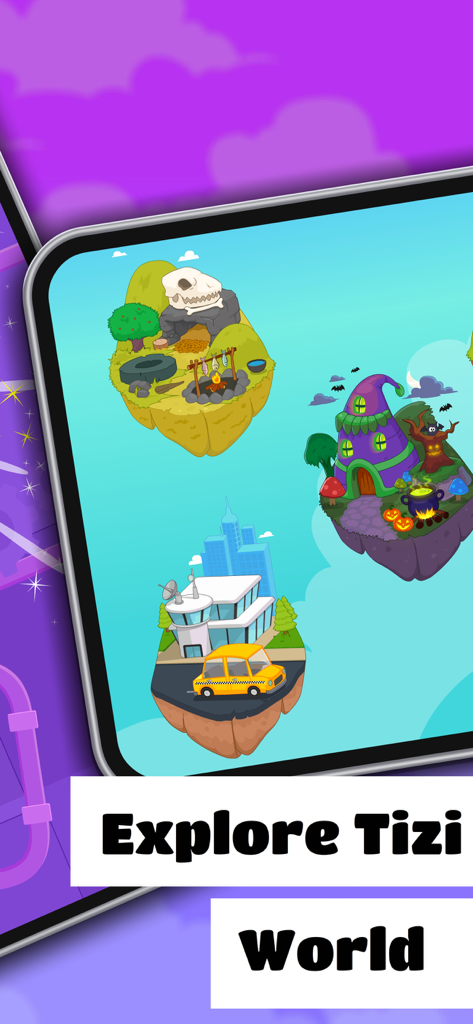 Floating themed islands in the Tizi City Wonder World app showing prehistoric and monster locations