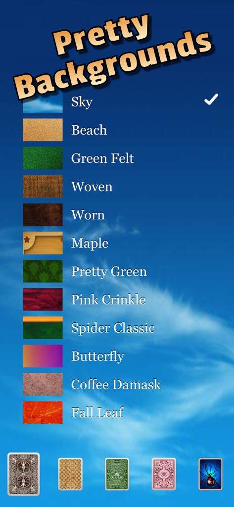 Eric's Spider Solitaire Lite - Tela de menu mostrando várias texturas de fundo e designs de verso de cartas para Eric's Spider Solitaire Lite.